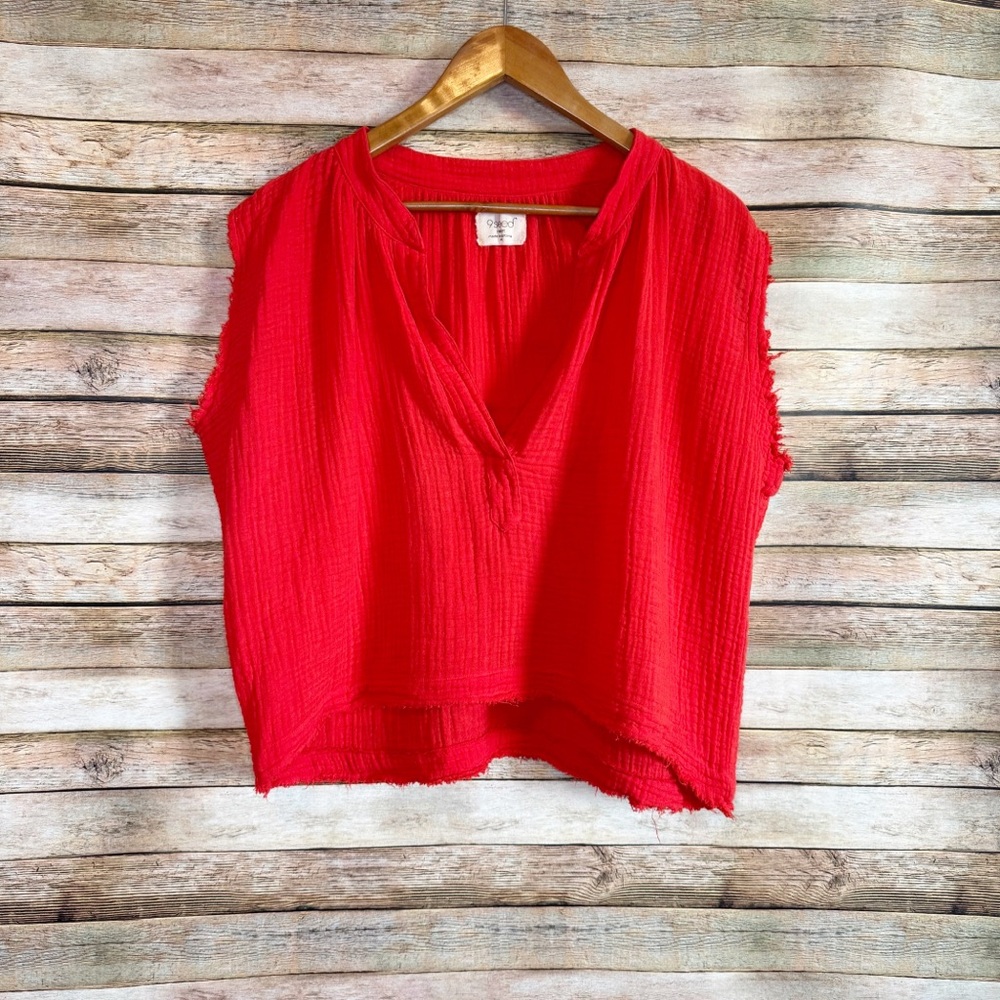 9 Seed Resort Idyllwind Red Gauzy Boxy V Neck Flowy Top Size Medium